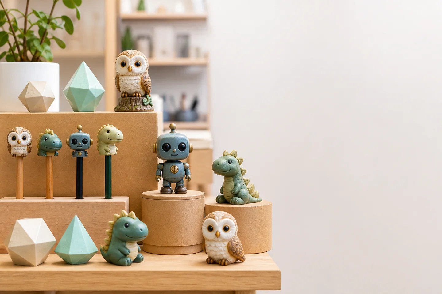 Kırtasiye rafı için özgün baykuş robot ve dinozor 3D baskı mini figürler